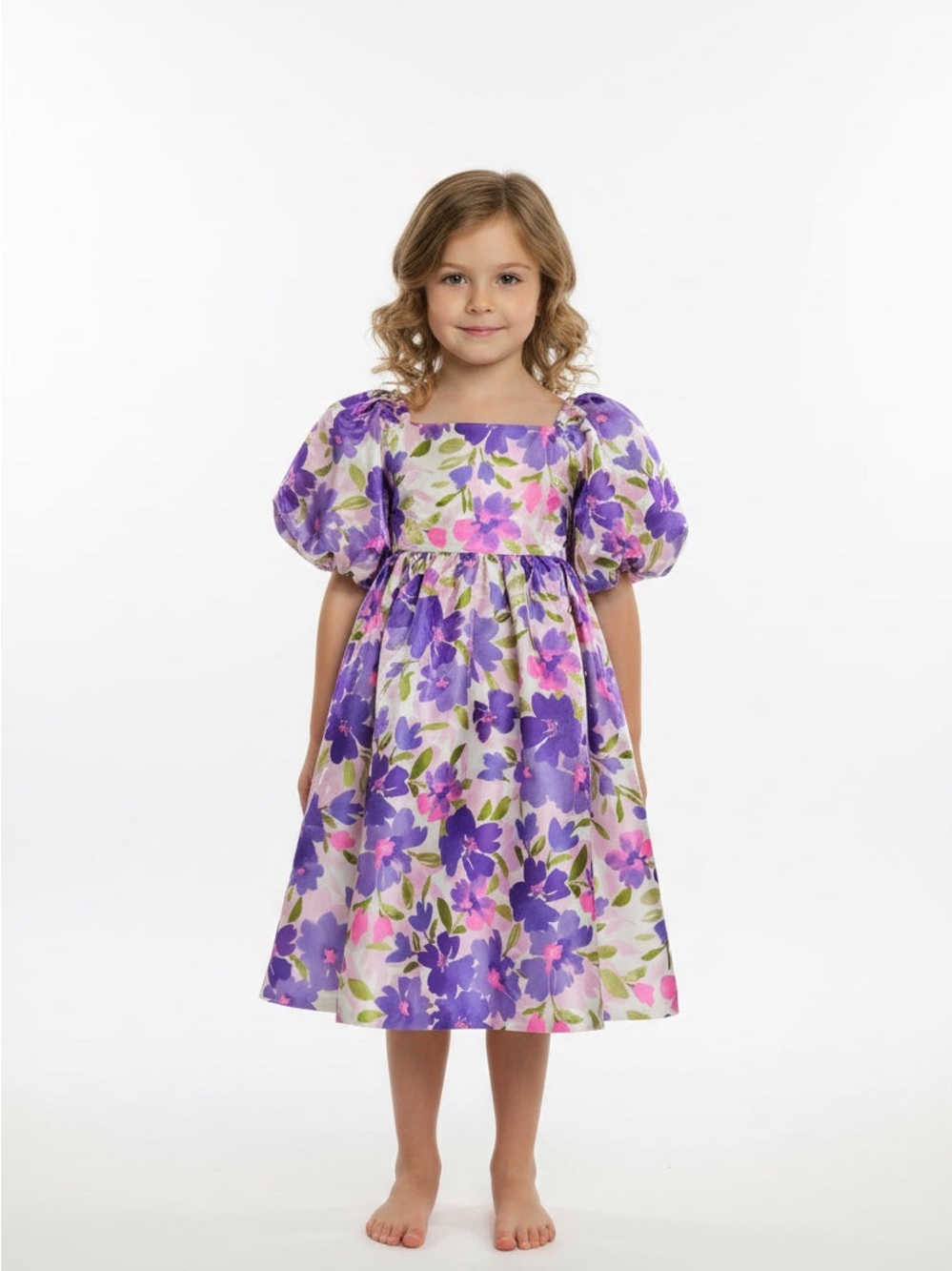 Bonnie Jean Purple and Pink Floral Puff-Sleeve Dress